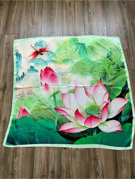 Accessories - 100% silk Florals  Lotus Silk Scarf with Pink & Green Watercolor Design